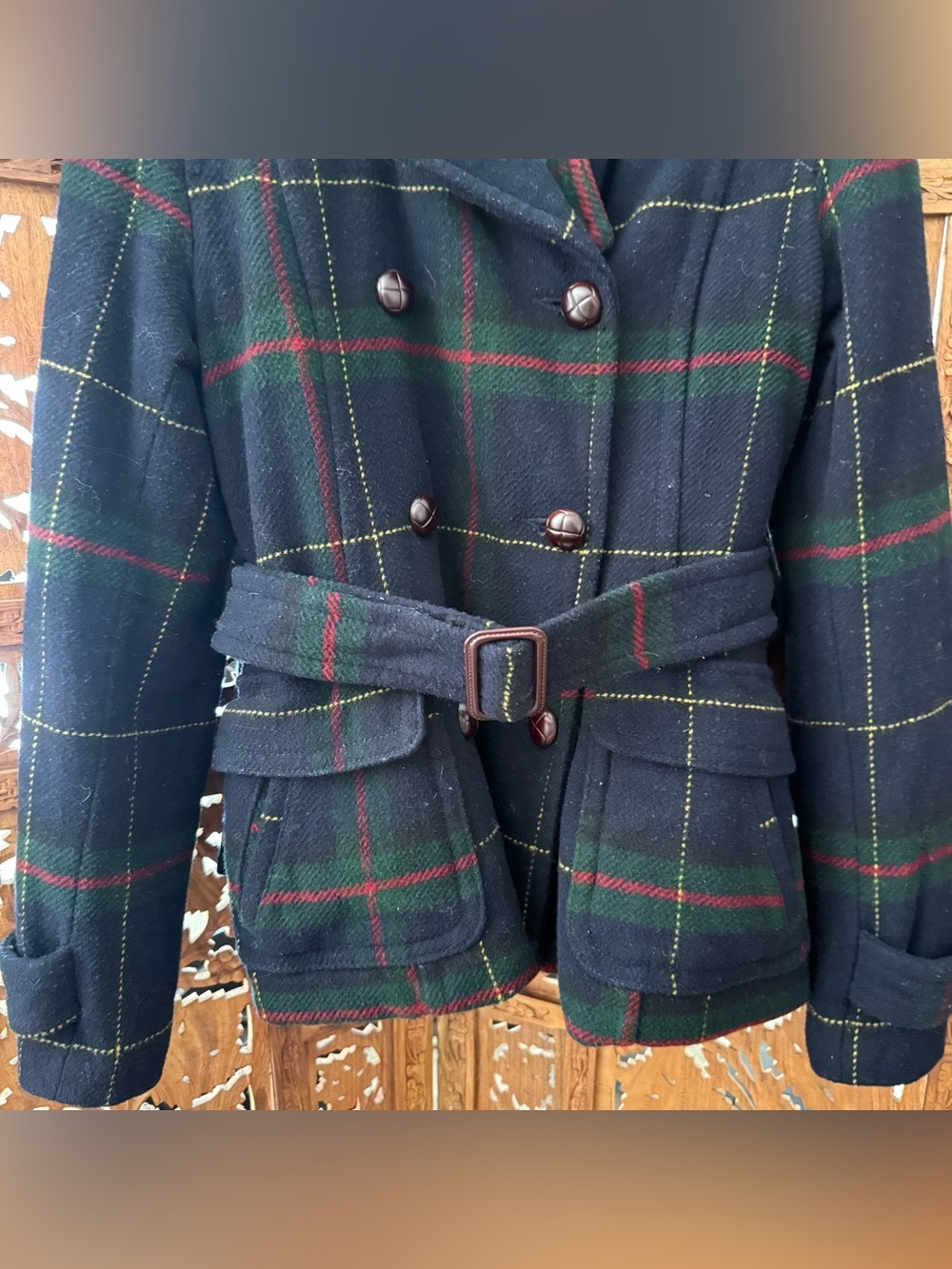 American Eagle Y2K Plaid Belted Wool Peacoat. Navy Green Red - Picture 5 of 9